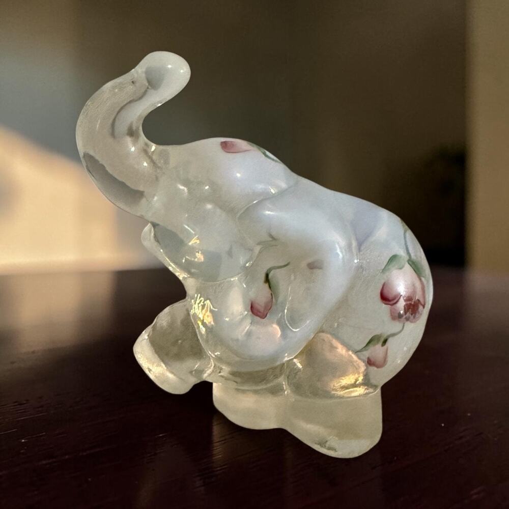 Fenton Art Glass Elephant Hand Painted Floral Signed Angela Meeks 4"